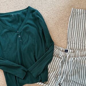 Green Long Sleeve Top and Striped Pants Set